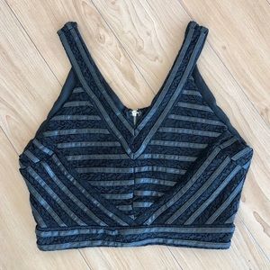Lace & striped faux leather crop top with zipper